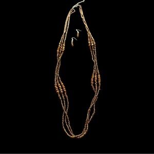 Multi-Strand Brown Copper Like Beaded Necklace with Matching Earrings